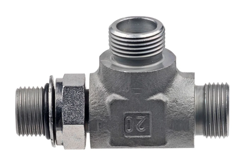 T-piece L-screw connector DIN 2353, adjustable metric FG, carbon steel, Zn-Ni, TL-MG